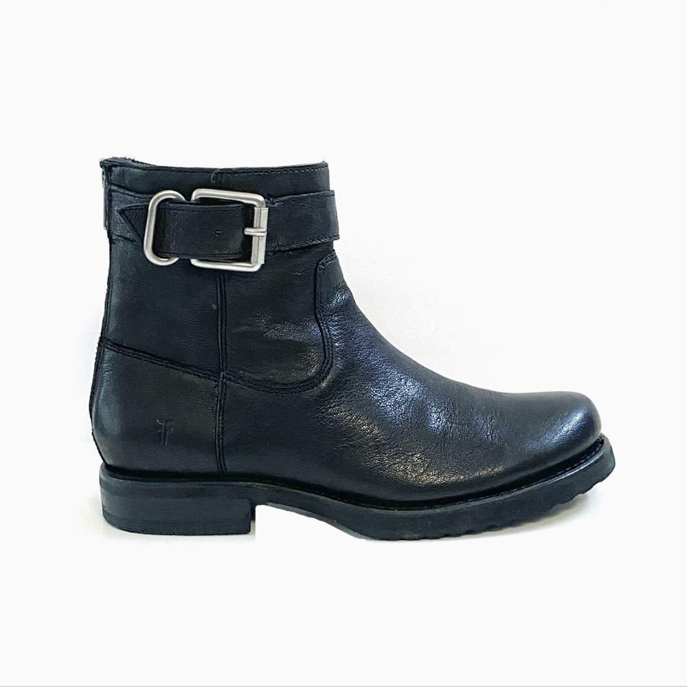 FRYE Veronica black leather silver buckle top detail flat short ankle boots